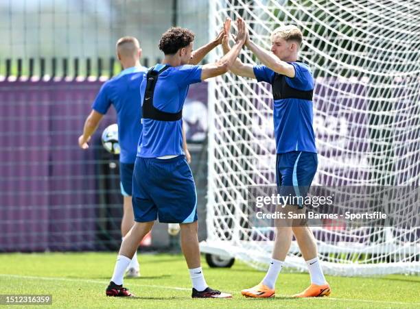 Anthony Gordon, right, and Curtis Jones during an England Training Session - UEFA Under-21 EURO 2023 at the Kobuleti GFF Academy on July 7, 2023 in...