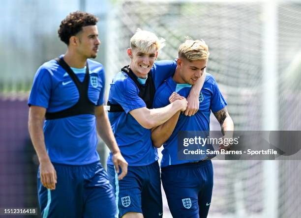 England players, from left, Curtis Jones, Anthony Gordon, and Emile Smith Rowe during an England Training Session - UEFA Under-21 EURO 2023 at the...