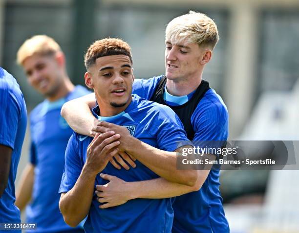Max Aarons, left, and Anthony Gordon during an England Training Session - UEFA Under-21 EURO 2023 at the Kobuleti GFF Academy on July 7, 2023 in...
