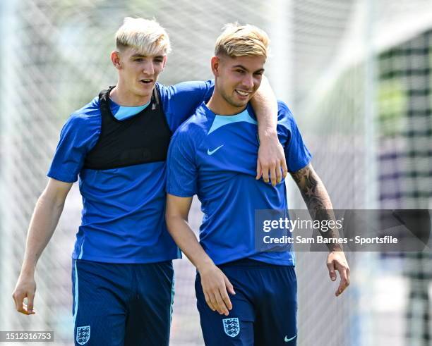 Anthony Gordon, left, and Emile Smith Rowe during an England Training Session - UEFA Under-21 EURO 2023 at the Kobuleti GFF Academy on July 7, 2023...