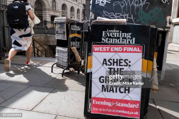 Evening Standard newspaper 'grudge match' headline poster related to the third Ashes cricket test between England and Australia which began on 6th...
