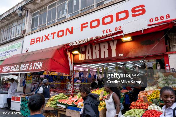Brixton Foods grocery and green grocer in the vibrant Brixton Market on Electric Avenue in the diverse community of Brixton on 22nd June 2023 in...