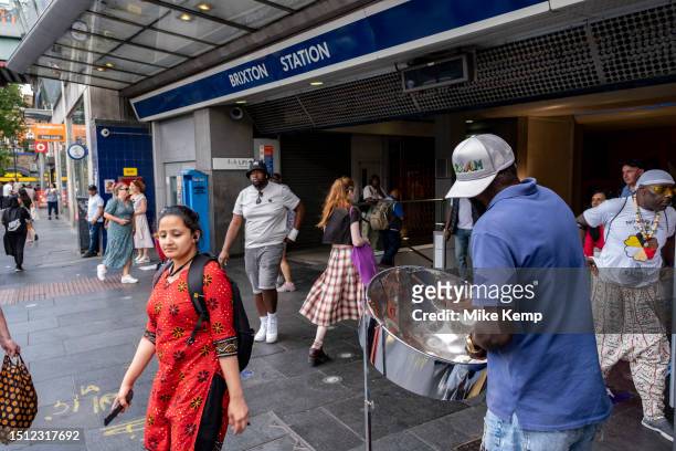 Man playing the steel drums outside Brixton underground station in the diverse community of Brixton on 22nd June 2023 in London, United Kingdom....