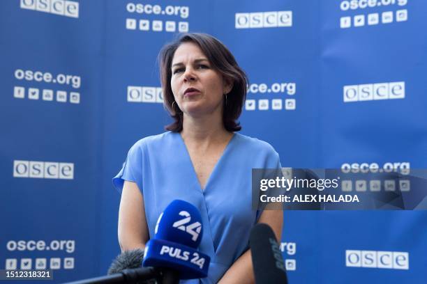 German Foreign Minister Annalena Baerbock gives an interview upon arrival for the OSCE Climate Change Conference in Vienna on July 7, 2023.