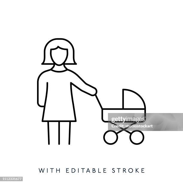 mother pushing baby stroller line icon. editable stroke - carriage stock illustrations