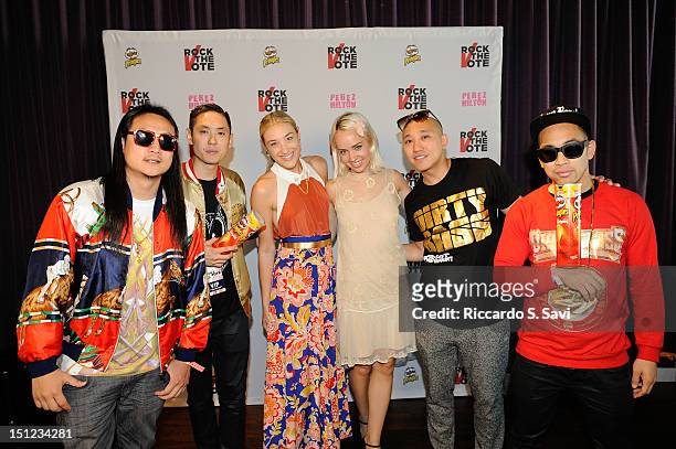 Far East Movement, Mia Moretti and Caitlin Moe attend Pringles And Rock The Vote "Turn Up The Vote" At The 2012 Democratic National Convention at Mez...