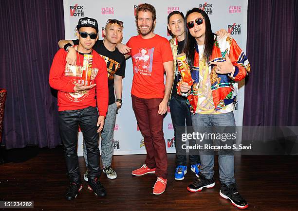 Far East Movement and Perez Hilton attend Pringles And Rock The Vote "Turn Up The Vote" At The 2012 Democratic National Convention at Mez at the...