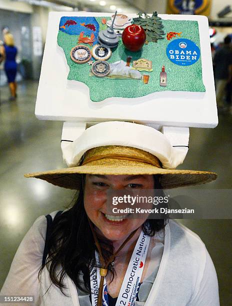 Jennifer Minich of Kent, WA wears a homemade hat of the state of Washington during day one of the Democratic National Convention at Time Warner Cable...