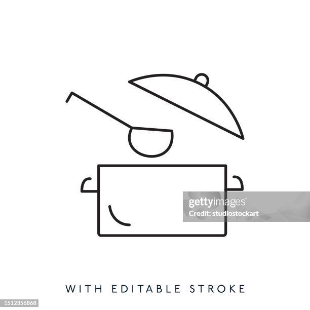 cooking pot vector line icon editable stroke - ladle stock illustrations