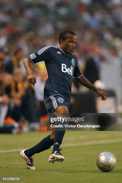 Dane Richards of the Vancouver Whitecaps controls the ball in the first half during the MLS match against the Los Angeles Galaxy at The Home Depot...