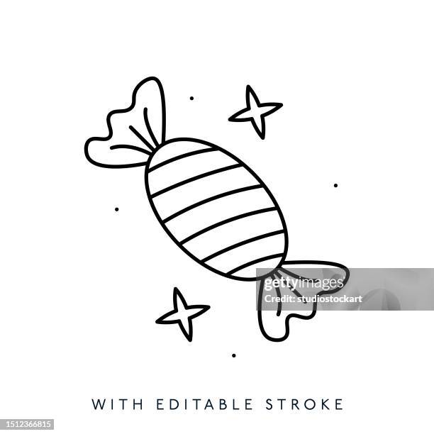 ilustraciones, imágenes clip art, dibujos animados e iconos de stock de icono de línea de caramelo rayado trazo editable - envoltorio de dulce