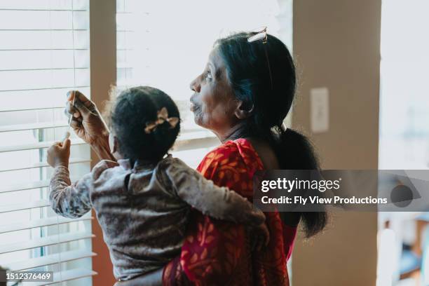 grandmother holding her grandchild, looking through blinds - indian woman with baby stock pictures, royalty-free photos & images