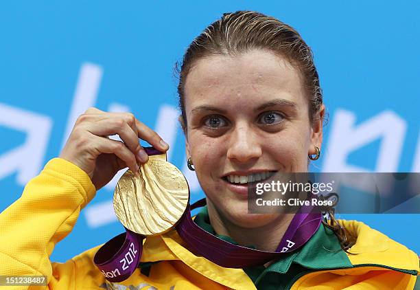 Gold medallist Jacqueline Freney of Australia poses on the podium during the medal ceremony for the Women's 50m Freestyle - S7 final on day 6 of the...