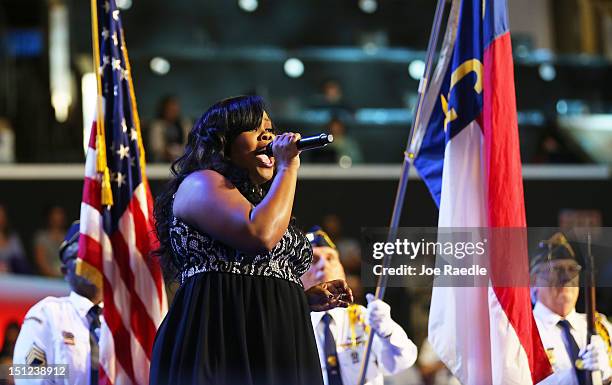 Glee� actress Amber Riley sings the national anthem during day one of the Democratic National Convention at Time Warner Cable Arena on September 4,...