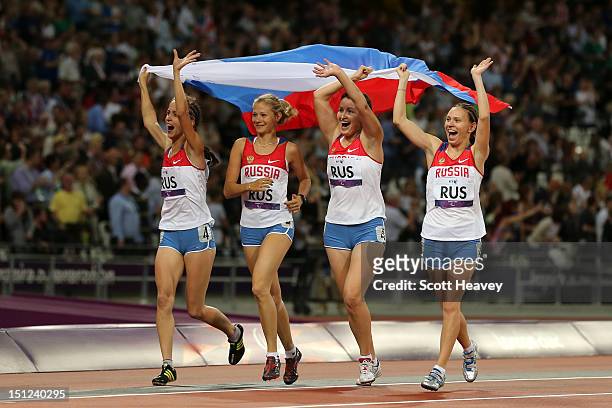 Anastasiya Ovsyannikova, Svetlana Sergeeva, Elena Ivanova and Margarita Goncharova of Russia win gold in the Women's 4x100m Relay - T35/T38 on day 6...