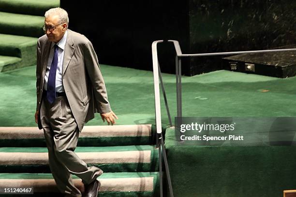 United Nations new envoy to Syria Lakhdar Brahimi walks off stage after addressing the U.N. General Assembly on September 4, 2012 in New York City....