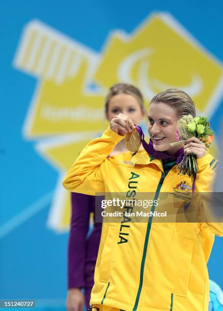 Jacqueline Freney of Australia with her gold medal from the women's 50m Freestyle - S7, on day six of the London 2012 Paralympic Games at the...