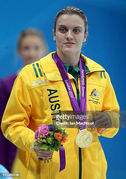 Jacqueline Freney of Australia with her gold medal from the women's 50m Freestyle - S7, on day six of the London 2012 Paralympic Games at the...