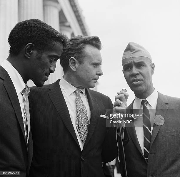 News -- MARCH ON WASHINGTON FOR JOBS AND FREEDOM 1963 -- Pictured: Actor Sammy Davis Jr, NBC News' Merrill "Red" Mueller, NAACP President Roy Wilkins...