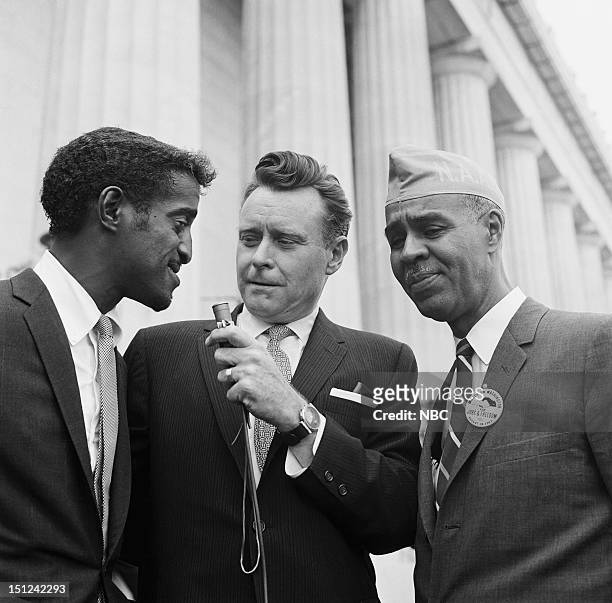 News -- MARCH ON WASHINGTON FOR JOBS AND FREEDOM 1968 -- Pictured: Actor Sammy Davis Jr., NBC News' Merrill "Red" Mueller, NAACP President Roy...