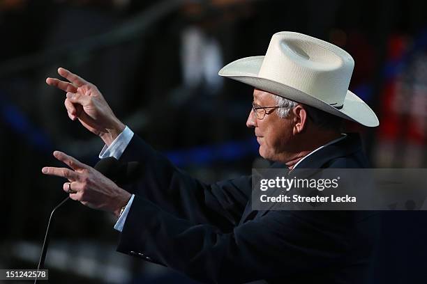 Secretary of the Interior Ken Salazar speaks on stage during day one of the Democratic National Convention at Time Warner Cable Arena on September 4,...