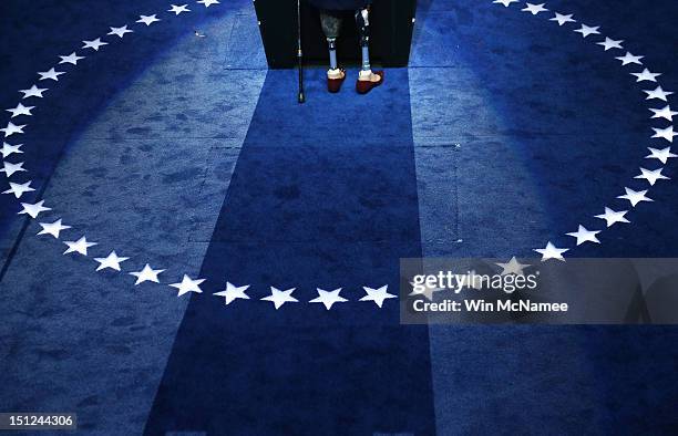 Detail of the prothetic legs of Illinois nominee for Congress Tammy Duckworth as she speaks during day one of the Democratic National Convention at...