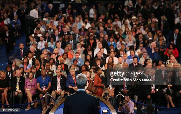 People listen as Chicago Mayor Rahm Emanuel speaks during day one of the Democratic National Convention at Time Warner Cable Arena on September 4,...