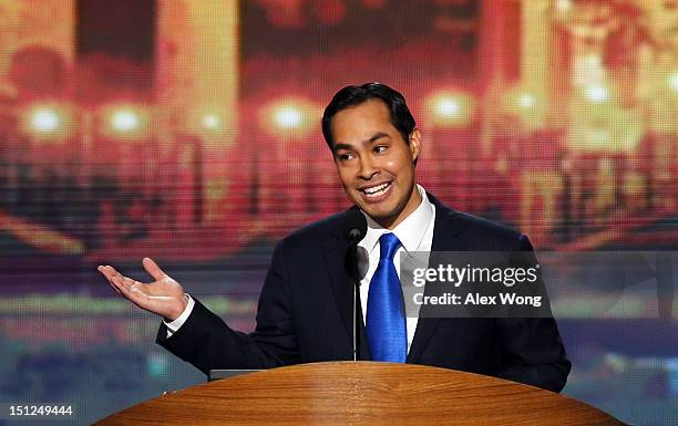 San Antonio Mayor Julian Castro gives the keynote address on stage during day one of the Democratic National Convention at Time Warner Cable Arena on...