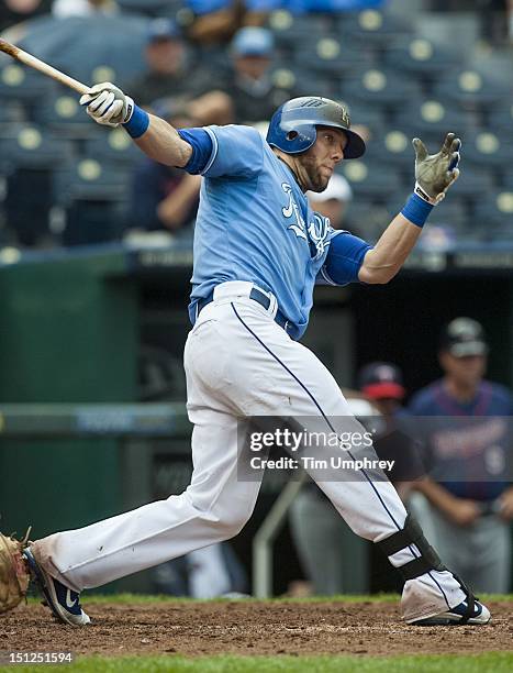 Left fielder Alex Gordon of the Kansas City Royals bats in the first game of a doubleheader against the Minnesota Twins at Kauffman Stadium on...