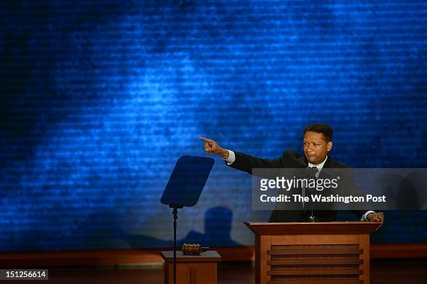 Former congressman Artur Davis speaks during the 2012 Republican National Convention at the Tampa Bay Times Forum on August 28, 2012 in Tampa,...