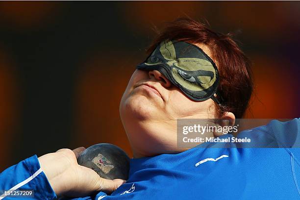 Assunta Legnante of Italy competes in the Women's Shot Put F11/F12 Final on day 7 of the London 2012 Paralympic Games at Olympic Stadium on September...