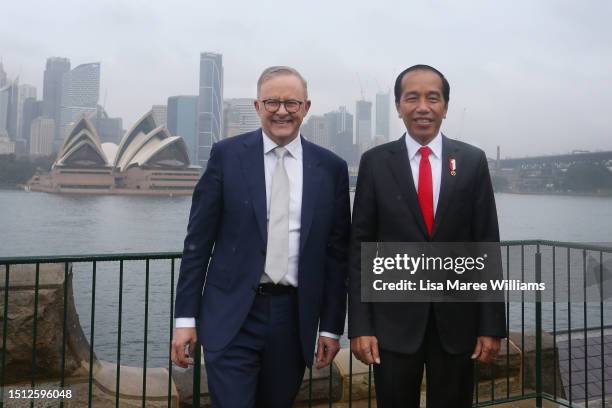 Australian Prime Minister Anthony Albanese poses with Indonesian President Joko Widodo at Admiralty House on July 04, 2023 in Sydney, Australia....