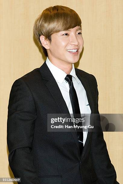 Leeteuk of South Korean boy band Super Junior attends during being appointed as Goodwill Ambassador of Gangnam-Gu at Gangnam-Gu Office on September...