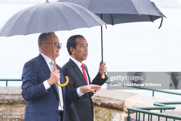 Australian Prime Minister Anthony Albanese stands with Indonesian President Joko Widodo as they look out towards Sydney Harbour from Admiralty House...
