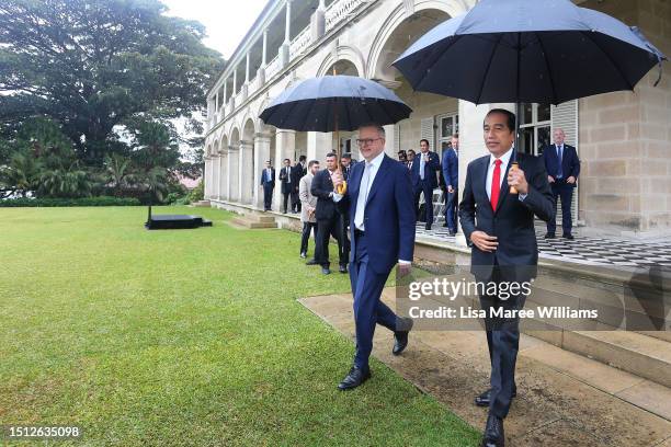 Australian Prime Minister Anthony Albanese and Indonesian President Joko Widodo take in the view of Sydney Harbour from Admiralty House on July 04,...