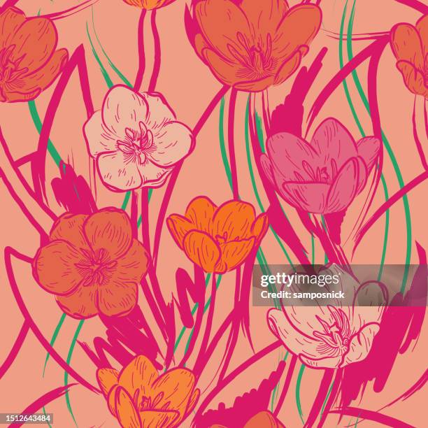 wild and bright 60s psychedelic tulip floral seamless pattern background - funky stock illustrations