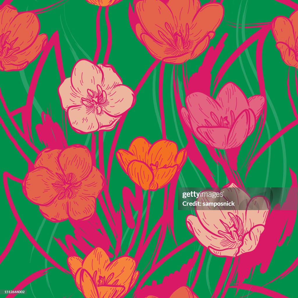 Wild and Bright 60s Psychedelic Tulip Floral Seamless Pattern Background
