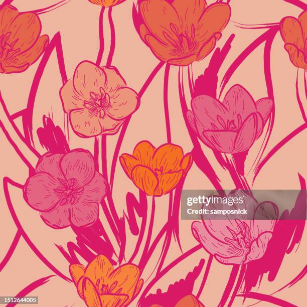 wild and bright 60s psychedelic tulip floral seamless pattern background - bizarre stock illustrations