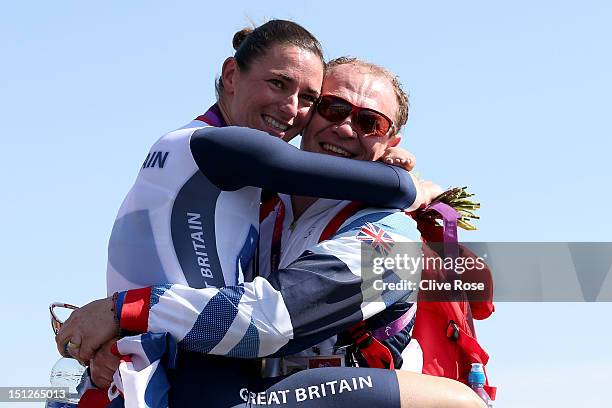 Sarah Storey of Great Britain celebrates with husband Barney after winning the Women's Individual Time Trial - C5 on day 7 of the London 2012...