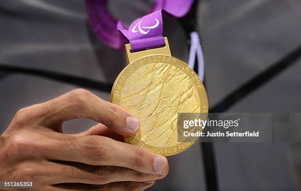 Close up of Justin Zook of the United Sates's gold medal that he was awarded after winning the Men's 100m Backstroke - S10 final on Day 6 of the...