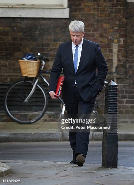 Leader of the Commons Andrew Lansley arrives in Downing Street on September 5, 2012 in London, England. Prime Minister David Cameron is holding his...
