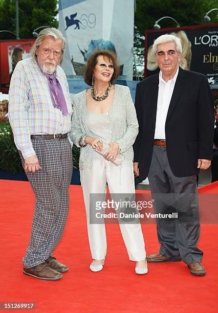 Actors Michael Lonsdale, Claudia Cardinale and Luis Miguel Cintra attends "O Gebo E A Sombra" Premiere during The 69th Venice Film Festival at the...