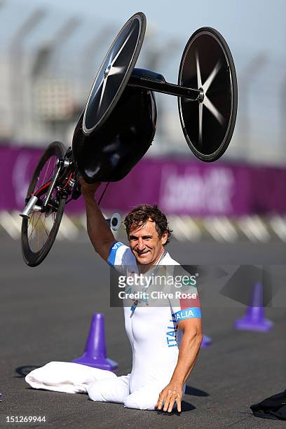 Alessandro Zanardi of Italy celebrates winning the Men's Individual H4 Time Trial on day 7 of the London 2012 Paralympic Games at Brands Hatch on...
