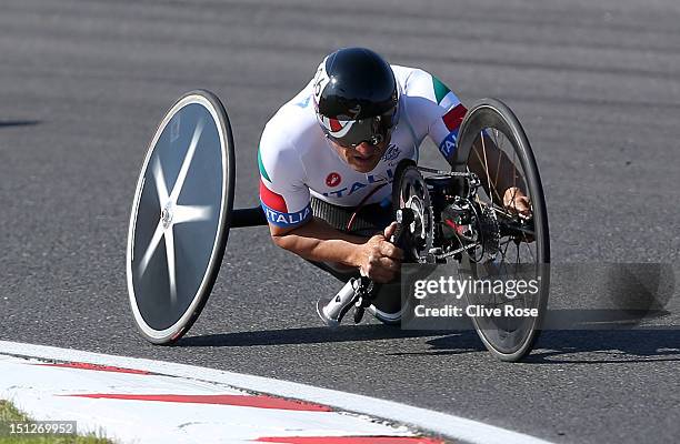 Alessandro Zanardi of Italy competes in the Men's Individual H4 Time Trial on day 7 of the London 2012 Paralympic Games at Brands Hatch on September...