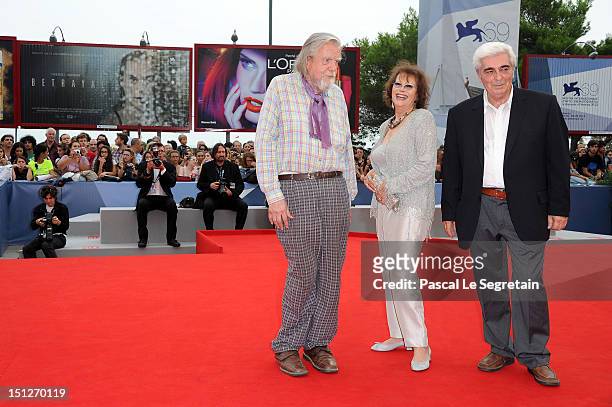 Actors Michael Lonsdale, Claudia Cardinale, Luis Miguel Cintra attend the "O Gebo E A Sombra" Premiere during The 69th Venice Film Festival at the...