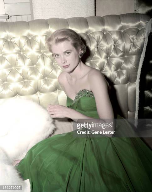 American actress Grace Kelly wearing a green dress for St Patrick's Day, 1954.
