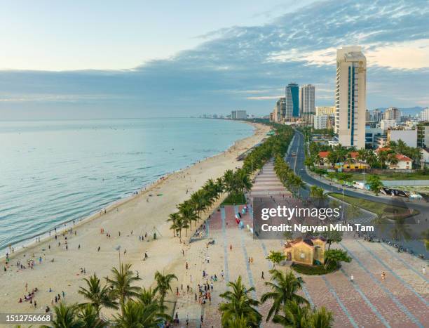 aerial view of my khe beach, a famous tourist destination in da nang city - danang stock pictures, royalty-free photos & images