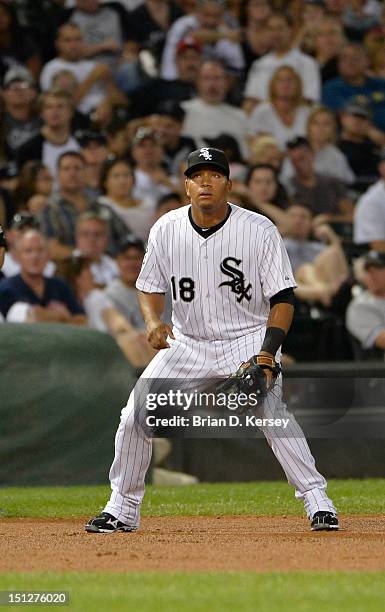 Third baseman Jose Lopez of the Chicago White Sox gets ready for the pitch against the Minnesota Twins at U.S. Cellular Field on September 3, 2012 in...