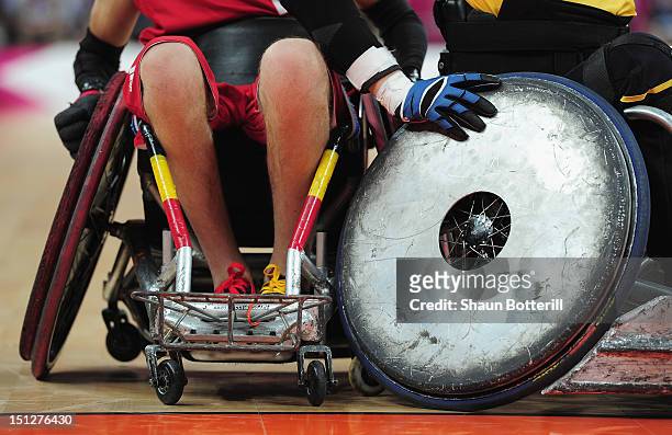 The scraps and scuffs on the wheelchairs during the Wheelchair Rugby match between Sweden and Belgium on day 7 of the London 2012 Paralympic Games at...