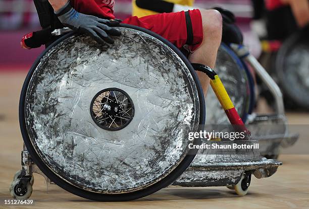 The scraps and scuffs on the wheelchairs during the Wheelchair Rugby match between Sweden and Belgium on day 7 of the London 2012 Paralympic Games at...
